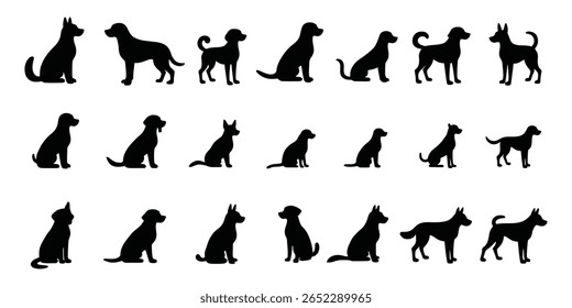 Monochrome Dog Silhouette Set for Branding and Design Use, Dog Graphic Silhouettes for Stickers Posters and TShirt Designs