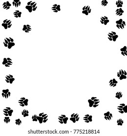 Monochrome Dogs Footprints in Black and White. Prints of Paws with Big Claws for Petshop Design or for Goods for Pets. Simple Pattern for Print, Logo or Poster. Vector Confetti Frame.