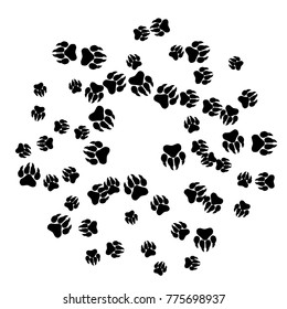 Monochrome Dogs Footprints in Black and White. Prints of Paws with Big Claws for Petshop Design or for Goods for Pets. Simple Pattern for Print, Logo or Poster. Vector Confetti Frame.