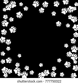 Monochrome Dogs Footprints in Black and White. Prints of Paws with Big Claws for Petshop Design or for Goods for Pets. Simple Pattern for Print, Logo or Poster. Vector Confetti Frame.