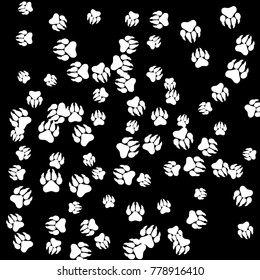 Monochrome Dogs Footprints in Black and White. Prints of Paws with Big Claws for Petshop Design or for Goods for Pets. Simple Pattern for Print, Logo or Poster. Vector Confetti Background.