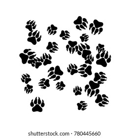 Monochrome Dogs Footprints in Black and White. Prints of Paws with Big Claws for Petshop Design or for Goods for Pets. Simple Pattern for Print, Logo or Poster. Vector Confetti Background.