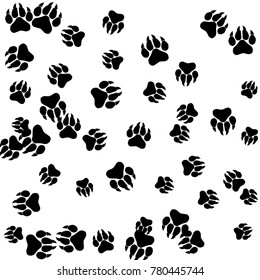 Monochrome Dogs Footprints in Black and White. Prints of Paws with Big Claws for Petshop Design or for Goods for Pets. Simple Pattern for Print, Logo or Poster. Vector Confetti Background.