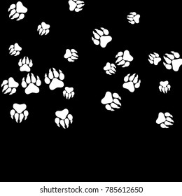 Monochrome Dogs Footprints in Black and White. Prints of Paws with Big Claws for Petshop Design or for Goods for Pets. Simple Pattern for Print, Logo or Poster. Vector Confetti Background.