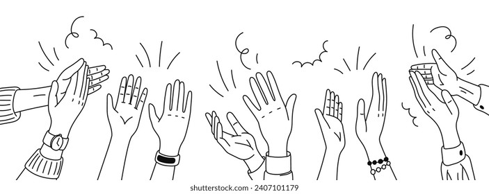 Monochrome doodle applause hands silhouettes, isolated vector linear raised clapping arms in joyous applauding, symbol of appreciation and celebration. An expression of approval and support