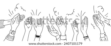 Monochrome doodle applause hands silhouettes, isolated vector linear raised clapping arms in joyous applauding, symbol of appreciation and celebration. An expression of approval and support