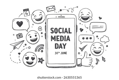 Monochrome doodle art for Social Media Day on a smartphone screen.