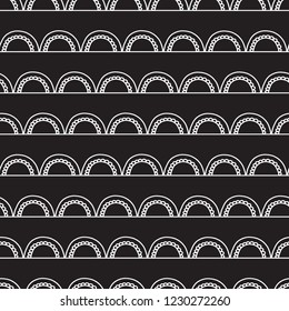 Monochrome doodle background. Seamless abstract geometric vector pattern. White arches on black. Modern Art deco arc design. Fabric, paper, scrapbooking, wallpaper, web banner, packaging, page fills