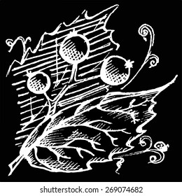 Monochrome doodle berries and leaves sketched art vector