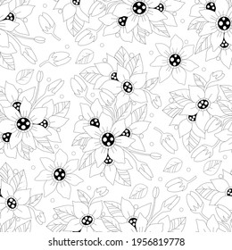 Monochrome doodle bohemian flower seamless pattern, page for adult coloring book. Black and white floral outline. Vector hand drawn illustration.