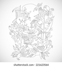 Monochrome doodle city background