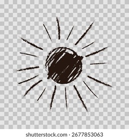 Dibujo de doodle monocromático del sol aislado sobre un fondo transparente. Icono de Vector del sol dibujado a mano con lápiz, tiza y carbón.