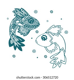 Monochrome doodle fish on white background.