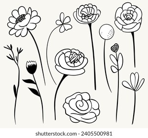 Monochrom-Doodle-Blumen. Blumenelemente-Set. Konkrete botanische Illustration. Handgezeichnete einzelne Pflanzen.