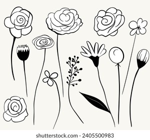 Monochrome doodle flowers. Floral elements set. Outline botanical illustration. Hand drawn isolated plants.