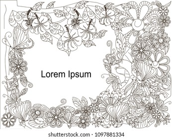 Monochrome doodle hand drawn flowers background, Lorem Ipsum. Anti stress stock vector illustration for web, for print