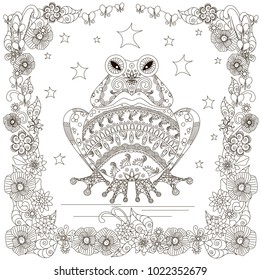 Monochrome doodle hand drawn frog, stars flowers frame. Anti stress stock vector illustration