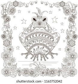 Monochrome doodle hand drawn frog with arrow in mouth, crown, stars flowers frame. Anti stress stock vector illustration for web, for print