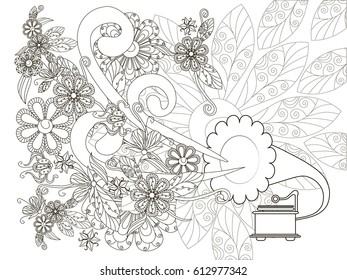 Monochrome doodle hand drawn gramophone with flowers. Anti stress stock vector illustration
