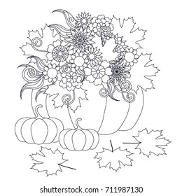 Monochrome doodle hand drawn pumpkins with flowers. Anti stress stock vector illustration