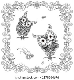 Monochrome doodle hand drawn stylized owls in flowers frame. Anti stress stock vector illustration design element for web, for print