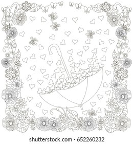 Monochrome doodle hand drawn umbrella with hearts in flowers frame. Anti stress stock vector illustration