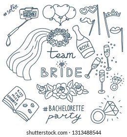 Monochrome doodle illustration of bachelorette party decorations. Selfie stick,  ballons, props, veil, champagne, diamond rings, roses, signing book with lip marks. Hashtags and Team Bride lettering.