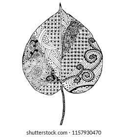 Monochrome doodle leaf of heart shape for coloring book, antistress stock vector illustration for web, for print