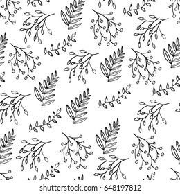 Monochrome doodle seamless of different branches with leaves and berries. hand drawn abstract blob brush seamless for your design