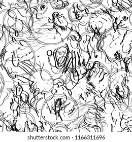 Monochrome doodle seamless pattern with ink strokes