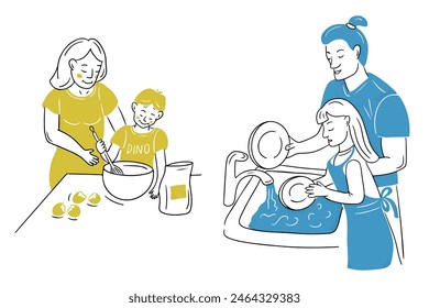 Monochrome doodle set with parents and children on kitchen. Cooking and washing dishes together. Outline sketchy illustration isolated on white background. Vector family concept for logo, sticker