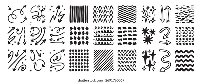 Conjunto de flechas y punteros de boceto de doodle monocromo. Líneas dibujadas a mano, curvas, puntos y espirales, contorno y texturas de líneas de arte. conjunto, línea de arte, contorno, garabato dibujado a mano, por ejemplo. Vector.