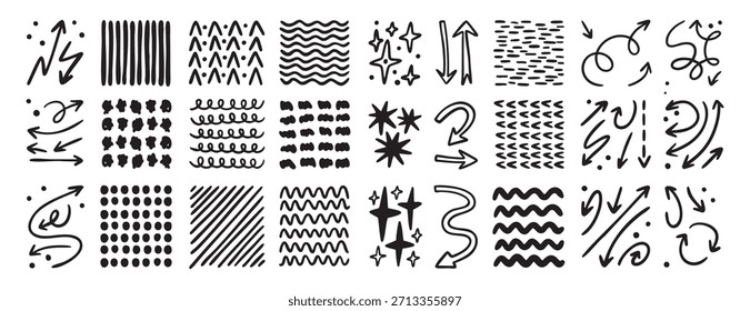 Conjunto de flechas y punteros de boceto de doodle monocromo. Líneas dibujadas a mano, curvas, puntos y espirales, contorno y texturas de líneas de arte. conjunto, línea de arte, contorno, garabato dibujado a mano, por ejemplo. Vector.