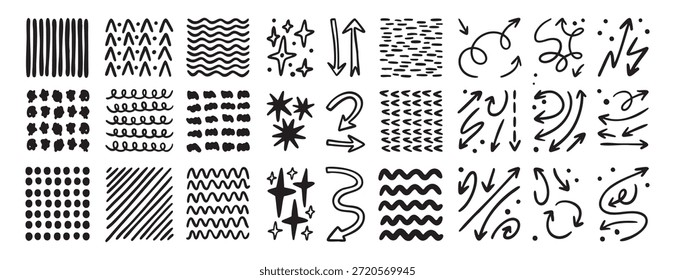 Conjunto de flechas y punteros de boceto de doodle monocromo. Líneas dibujadas a mano, curvas, puntos y espirales, contorno y texturas de líneas de arte. conjunto, línea de arte, contorno, garabato dibujado a mano, por ejemplo. Vector.