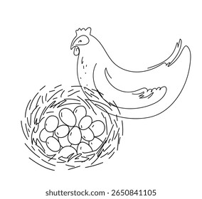 Desenho de doodle monocromático de um ninho de pássaros com ovos dentro. Página simples de ilustração ou coloração de livros infantis. Decoração minimalista da fazenda e da natureza. Desenho de linha desenhada à mão .Vetor doodle ilustração