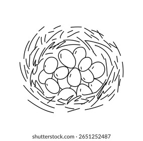 Desenho de doodle monocromático de um ninho de pássaros com ovos dentro. Página simples de ilustração ou coloração de livros infantis. Decoração minimalista da fazenda e da natureza. Desenho de linha desenhada à mão .Vetor doodle ilustração