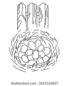 Desenho de doodle monocromático de um ninho de pássaros com ovos dentro. Página simples de ilustração ou coloração de livros infantis. Decoração minimalista da fazenda e da natureza. Desenho de linha desenhada à mão .Vetor doodle ilustração