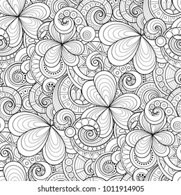 Monochrome Doodle St Patrick's Day Seamless Pattern. Decorative Clover Leaf Talisman, Abstract Coins and Swirl. Elegant Natural Background. Coloring Book Page. Vector Contour Illustration Ornate