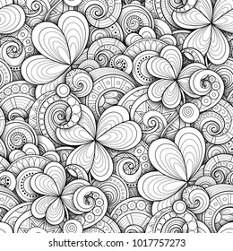 Monochrome Doodle St Patrick's Day Seamless Pattern. Decorative Clover Leaf Talisman, Abstract Coins and Swirl. Elegant Natural Background. Coloring Book Page. Vector 3d Ornate Illustration