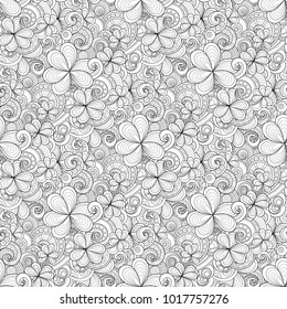 Monochrome Doodle St Patrick's Day Seamless Pattern. Decorative Clover Leaf Talisman, Abstract Coins and Swirl. Elegant Natural Background. Coloring Book Page. Vector Contour Illustration Ornate