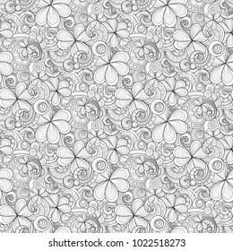 Monochrome Doodle St Patrick's Day Seamless Pattern. Decorative Clover Leaf Talisman, Abstract Coins and Swirl. Elegant Natural Background. Coloring Book Page. Vector Contour Illustration Ornate