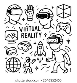 Vetor estilo doodle monocromático com headsets VR, telas imersivas, luvas, controlador, astronauta, globo e foguete centrado em torno de texto de realidade virtual arrojado. Perfeito para editoriais técnicos