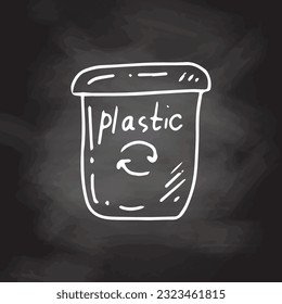 Monochrome Doodle-Müllcontainer für Kunststoff. Abfall trennen, Mülltrennung sortieren, Abfallentsorgung. Vektorgrafik.