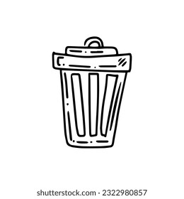 Monochrome doodle trash container. Segregate waste, sorting garbage, waste management. Vector outline  illustration.