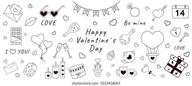 Monochrome doodle  Valentines day collection. Happy Valentines day set. Cartoon romantic elements: envelopes, baloons, flags, chocolate, bottles, gift, candles,hearts, ring, lips, cupcake,  teapot.