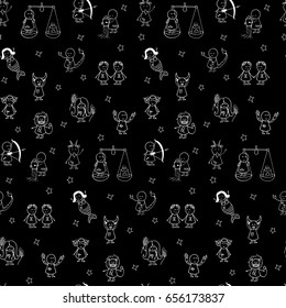 Monochrome doodle Zodiac stickers set. Vector hand drawn seamless pattern.