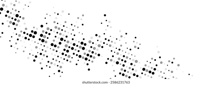 Monochrome dot abstract background. Features random particles in a chaotic mosaic with a linear dot pattern. Ideal for banners, posters, websites, and social media frames. Vector illustration.