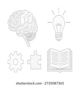 Monochrome Dot Matrix of Brain Lightbulb Gear Puzzle and Open Book