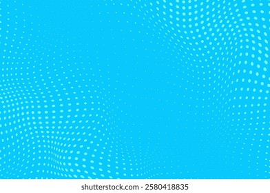 Monochrome dot pattern. Blue wave gradation frame. Halftone pop art background. Anime curve backdrop. Duotone fade gradient. Banner with half tone effect. Cartoon print. Vector illustration