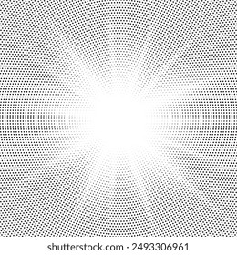 Monochrome Dots Background. Fade Texture. Vintage Pop-art Backdrop. Grunge Black and White Overlay. Sunburst halftone vector illustration	
